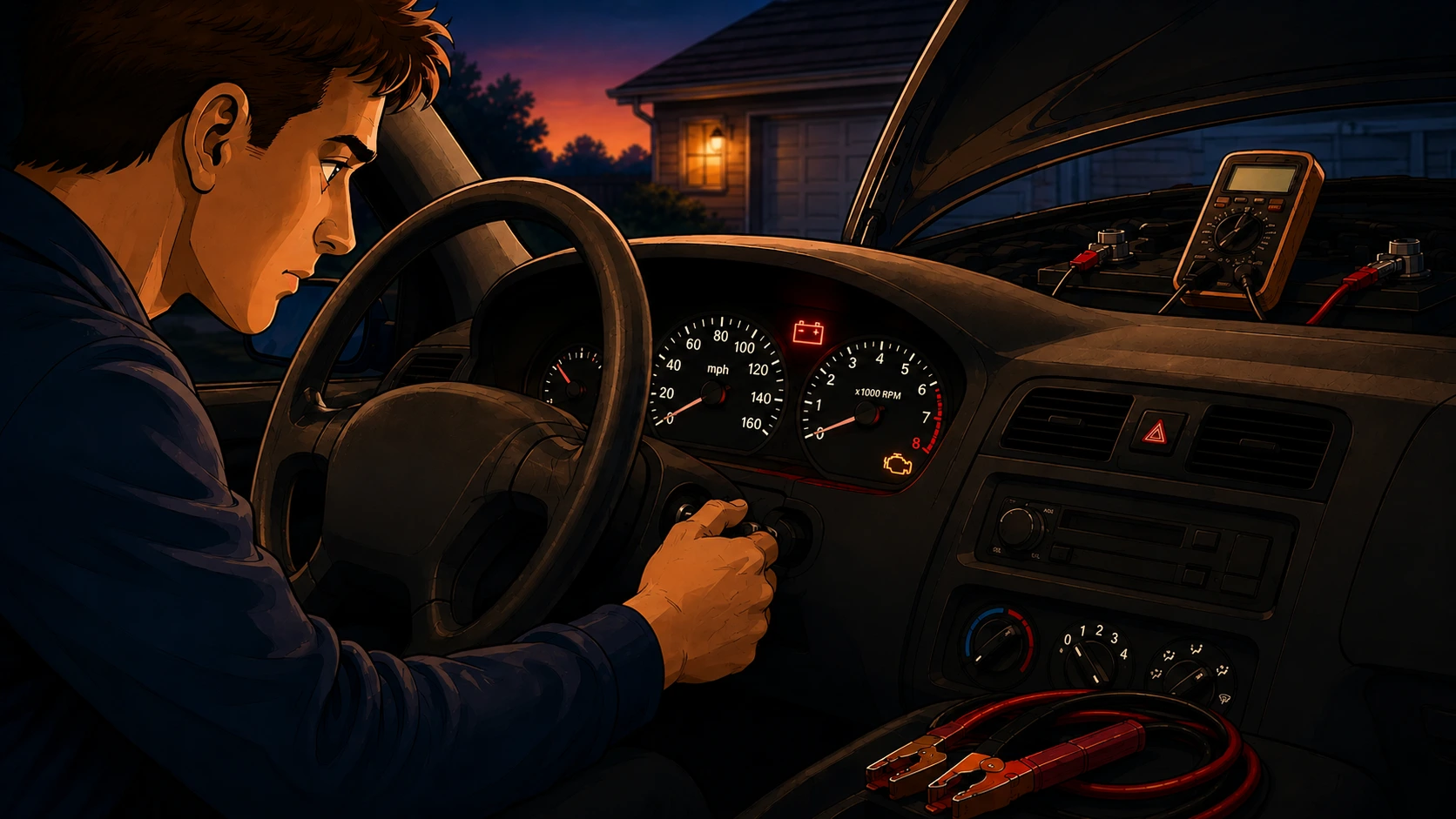 Illustrated cabin view of a young driver in a dark blue shirt slumped against the steering wheel at dusk, turning the ignition key as the dashboard glows with a red battery warning light and amber check engine and coolant icons across the speedometer and tachometer, while a yellow multimeter sits on top of the dash with red and black jumper cable clamps trailing across the console and a suburban house and sunset visible through the windshield