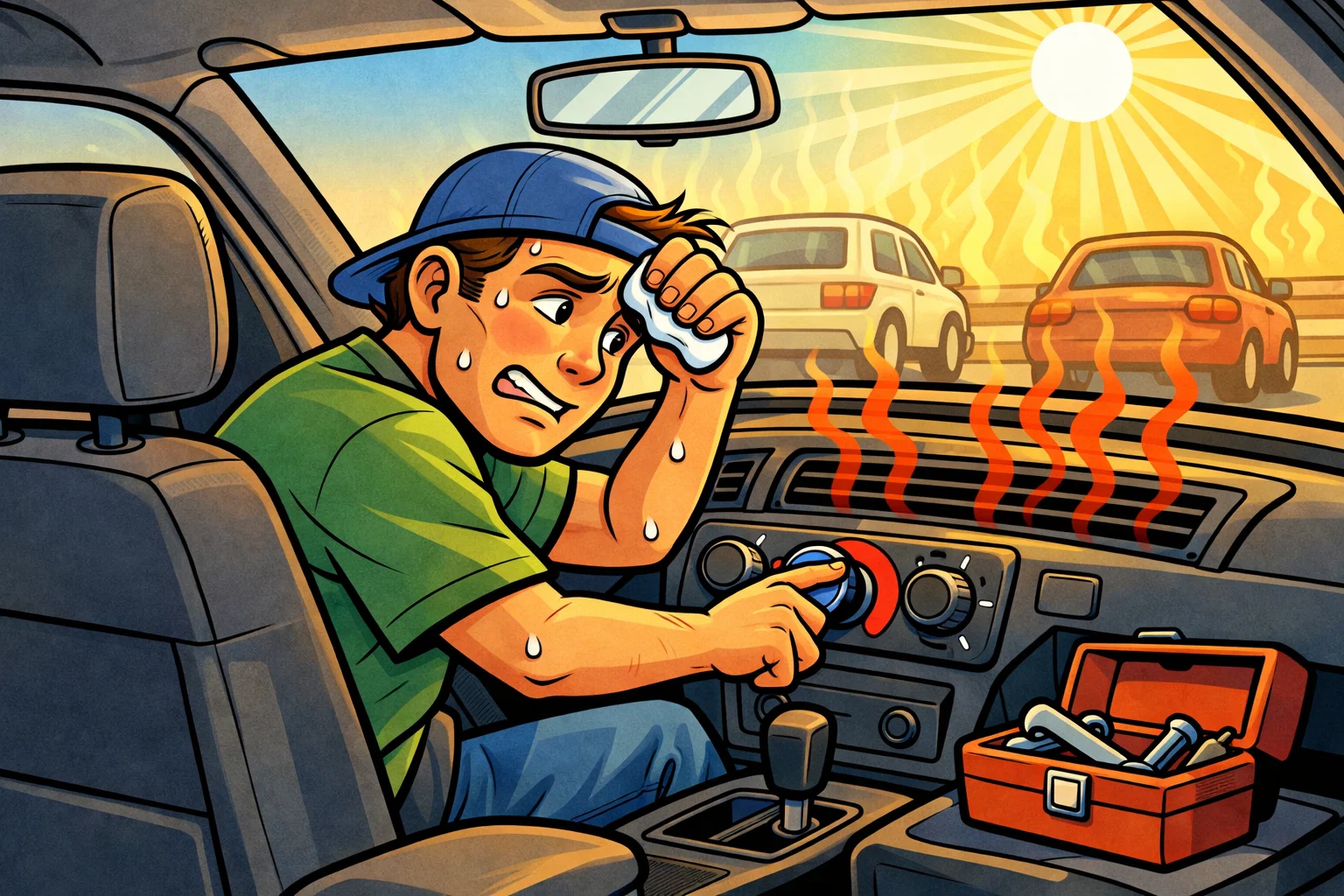 Frustrated driver wiping sweat inside a car as the AC system blows warm air instead of cold on a hot summer day