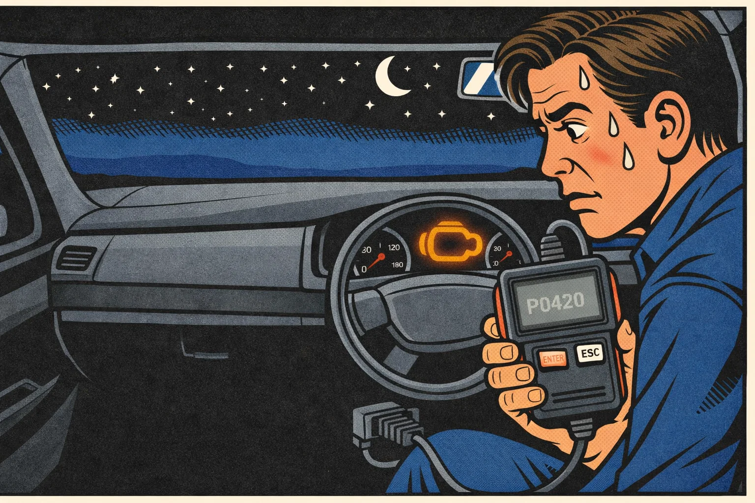 Driver inside a car at night holding an OBD2 scanner displaying code P0420, with the check engine light glowing on the dashboard, illustrating DIY check engine light diagnosis.