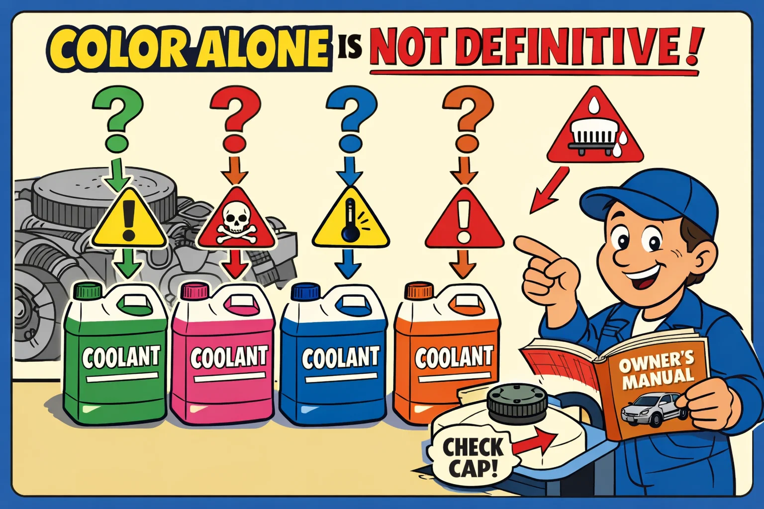 A graphic warning against choosing antifreeze based on appearance. It displays various coolant colors associated with hazard signs, implying that guessing can cause serious damage to your engine. A mechanic character emphasizes the solution: consulting the owner's manual to identify the specific formulation required for your vehicle's materials.
