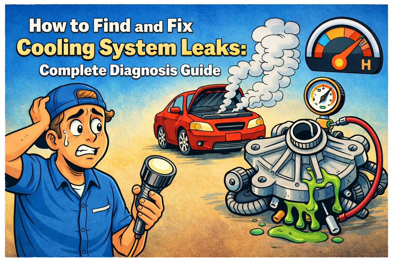 Cartoon illustration of a car overheating due to a cooling system leak, showing steam from the engine, a leaking water pump with green coolant, and a temperature gauge in the red zone