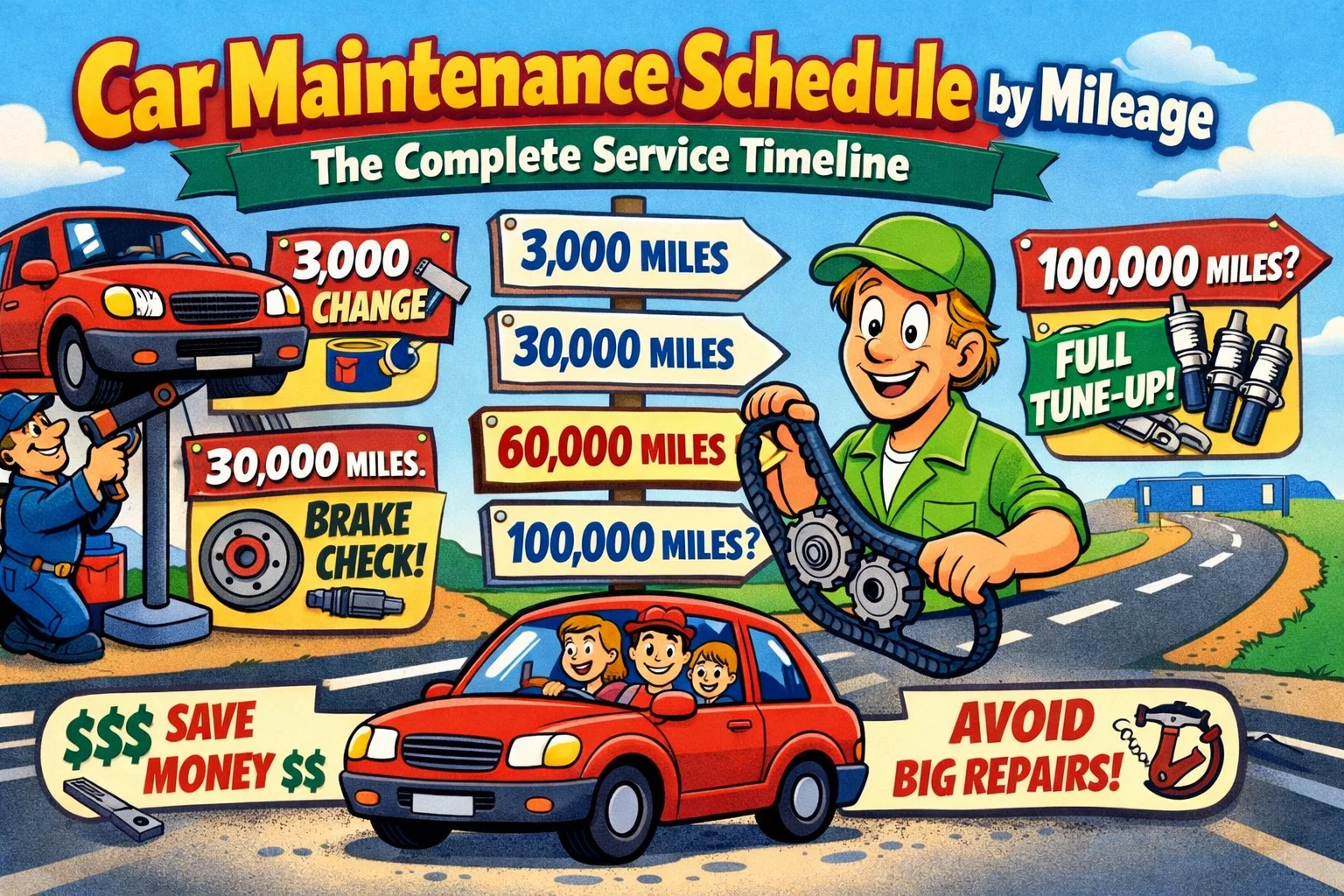 Illustrated car maintenance timeline showing recommended service intervals by mileage, from 3,000 to 100,000 miles, with a mechanic inspecting a timing belt, a family car scene, and icons highlighting preventative maintenance and cost savings.