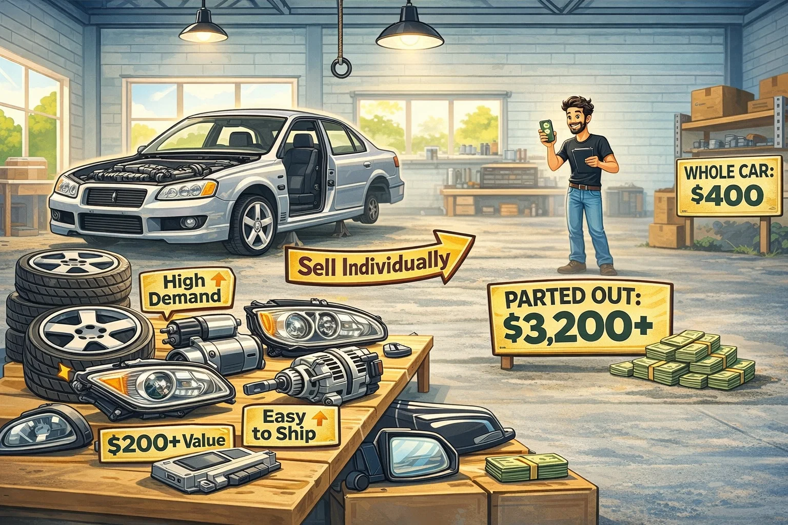 Organized car parts including alloy wheels, headlights, alternator, and starter motor displayed in a workshop, comparing selling a whole car for $400 versus earning $3,200+ by parting it out individually.