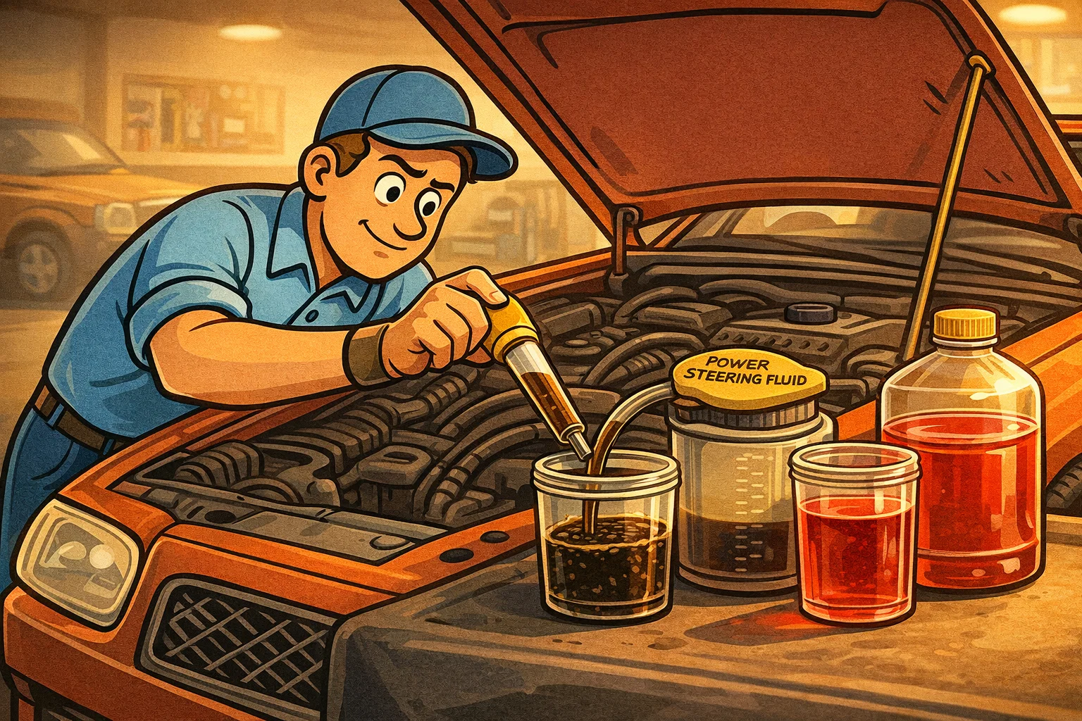 DIY power steering fluid change illustrated in 90s cartoon style, showing a mechanic extracting dirty fluid from the reservoir and comparing it to fresh red power steering fluid under an open hood.