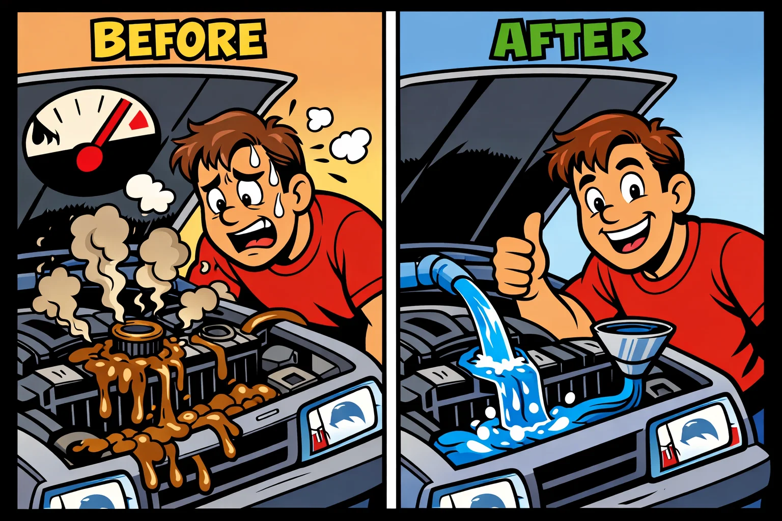 A four-panel illustration demonstrating how a radiator flush removes harmful contaminants. The initial frames depict an engine at risk of overheating due to brown sludge and scale buildup. The final frames show the successful removal of these deposits, replaced by fresh coolant to ensure the system's performance and reliability.