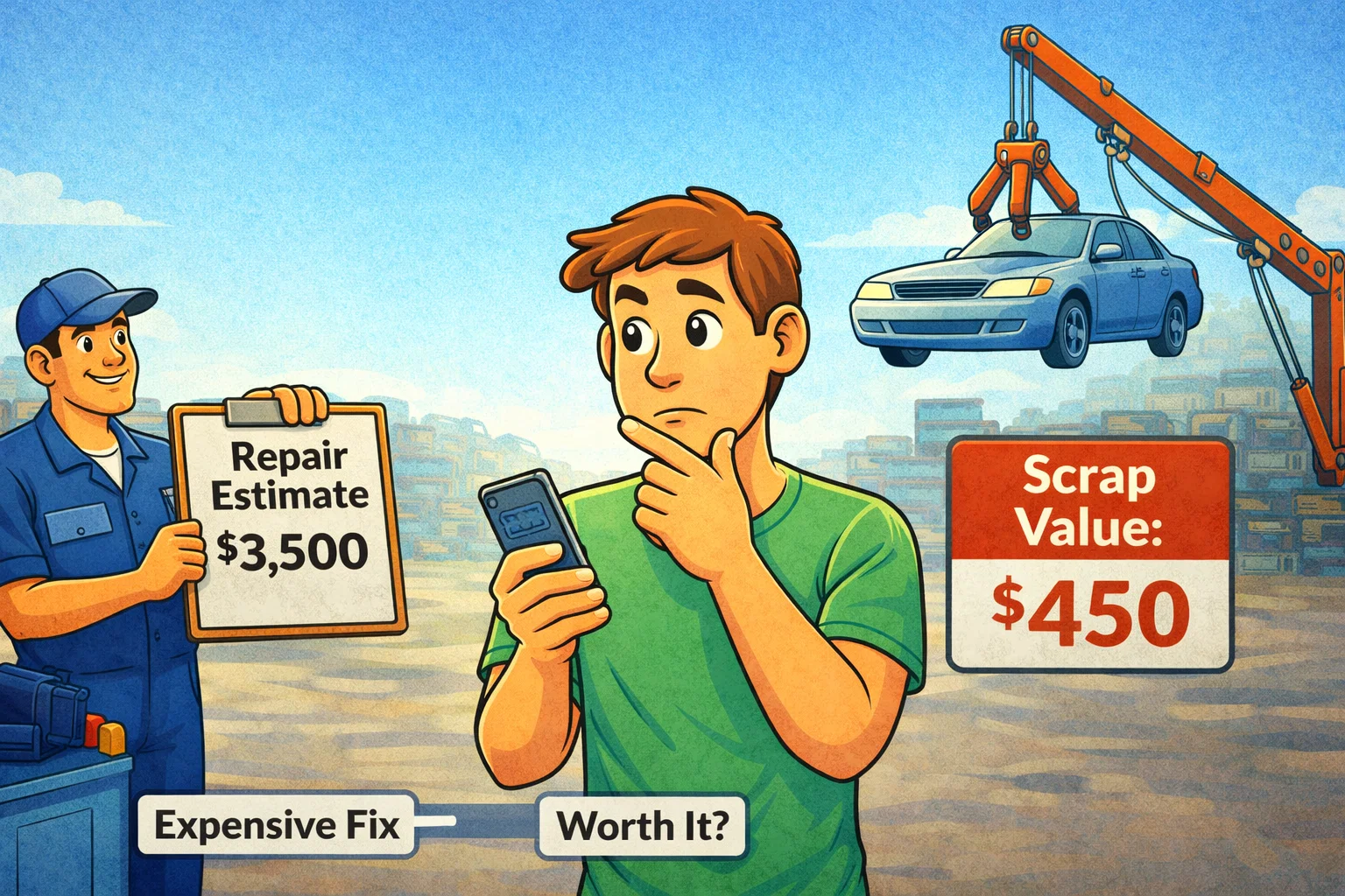 Cartoon-style illustration of a car owner in a garage deciding between a $3,500 repair estimate from a mechanic and a $450 scrap value at a scrapyard, highlighting the financial trade-off.