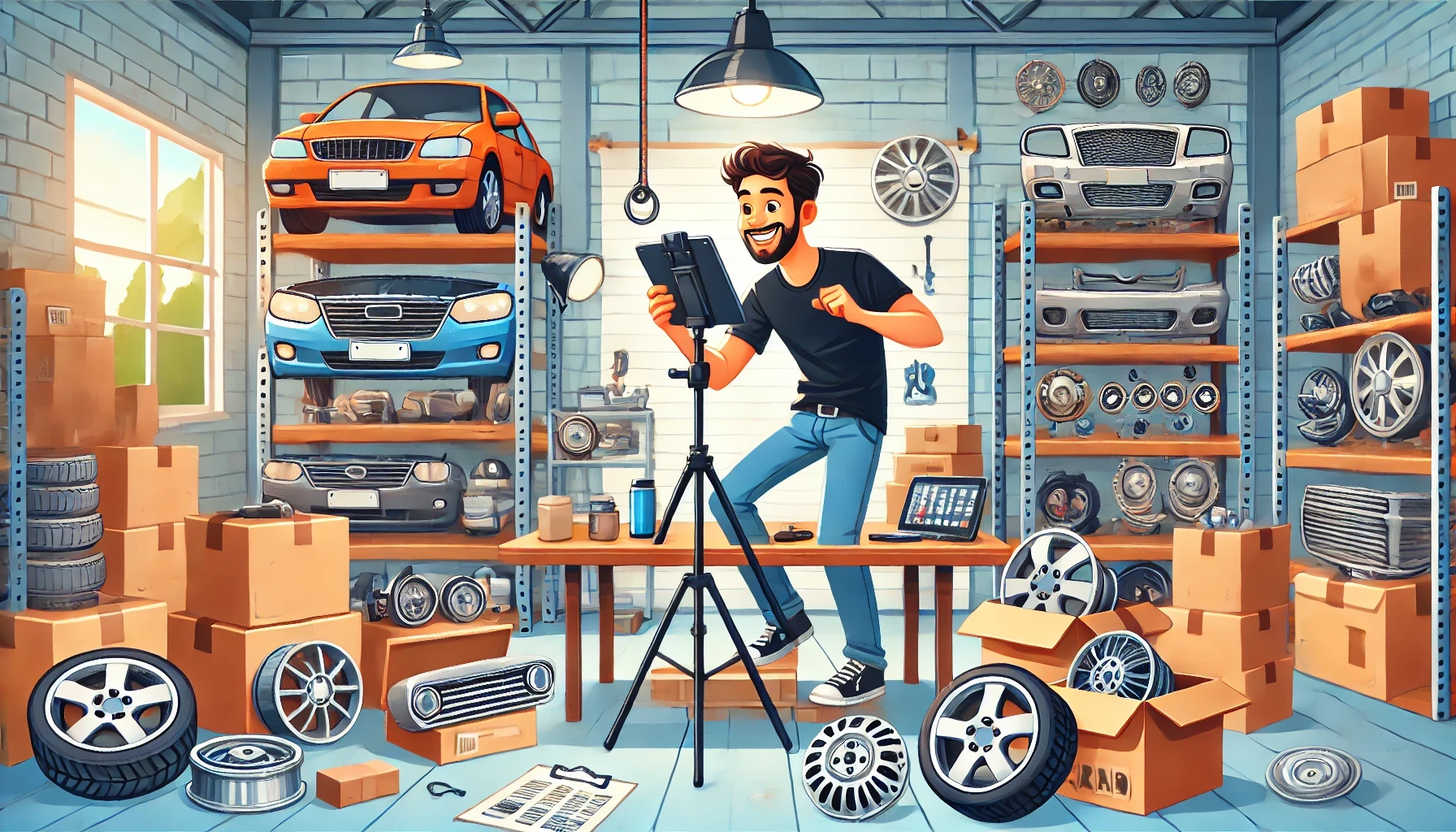A cheerful person organizes and photographs car parts in a clean, well-lit garage, preparing items for online sale. Car components like wheels, headlights, and alternators are neatly arranged.