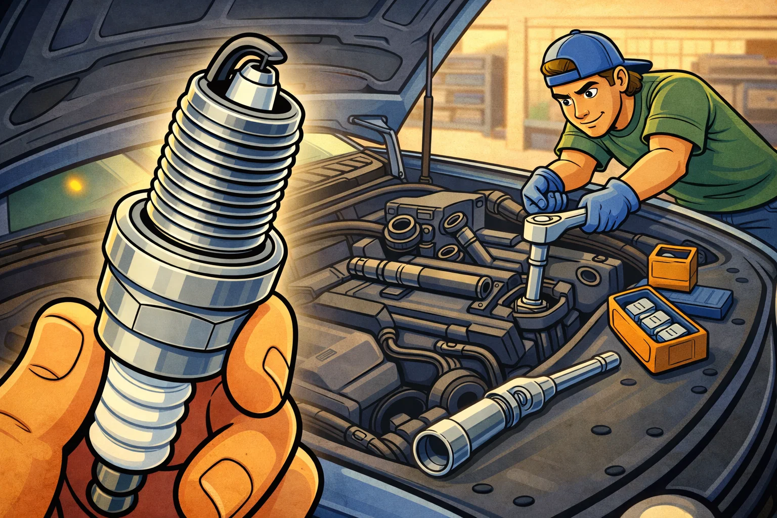 Illustrated mechanic replacing a spark plug in a car engine, with a close-up of a new spark plug in the foreground inside an open hood workshop scene.