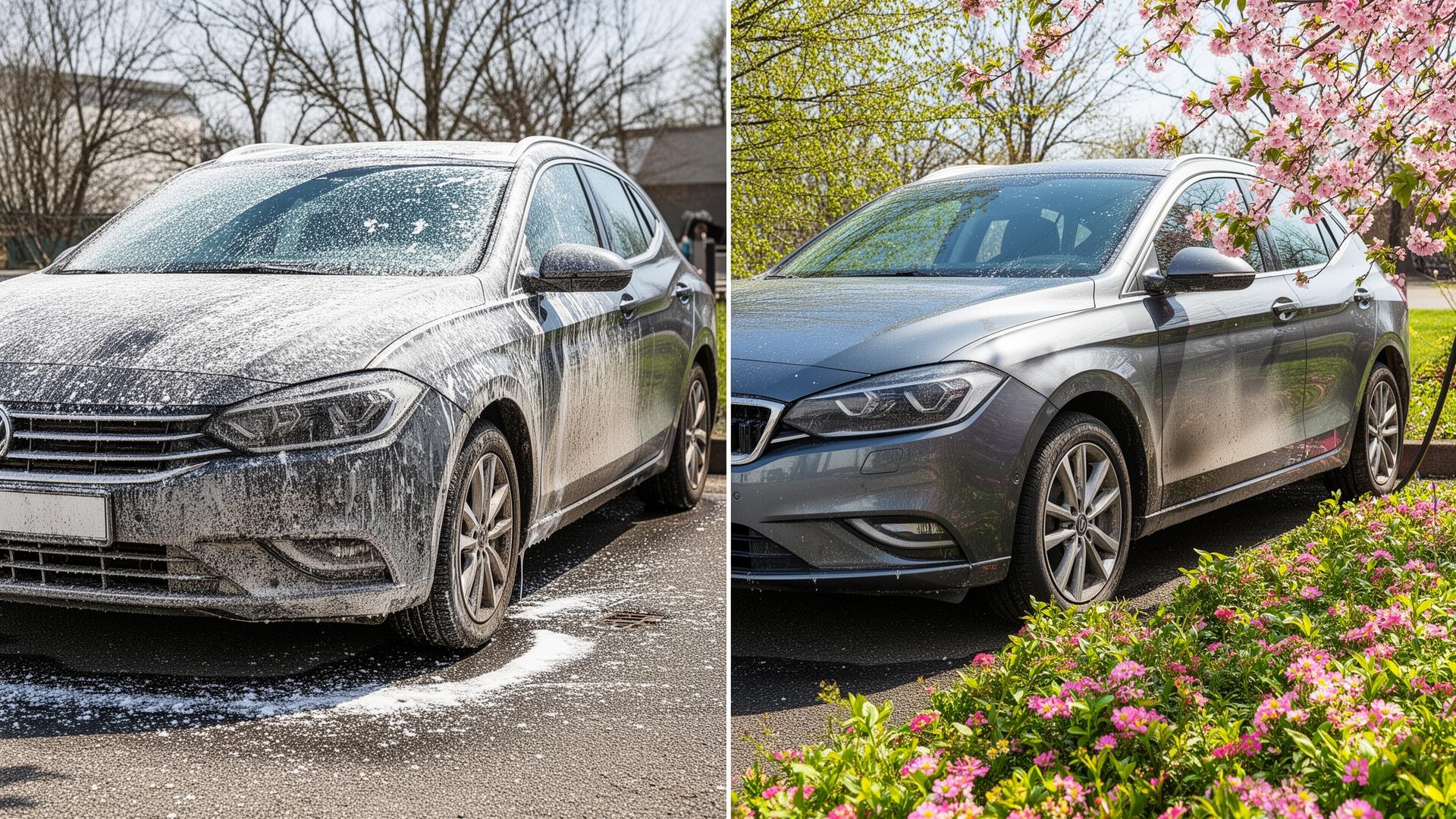 Split image showing a car covered in winter road salt on the left and the same car clean and ready for spring driving on the right