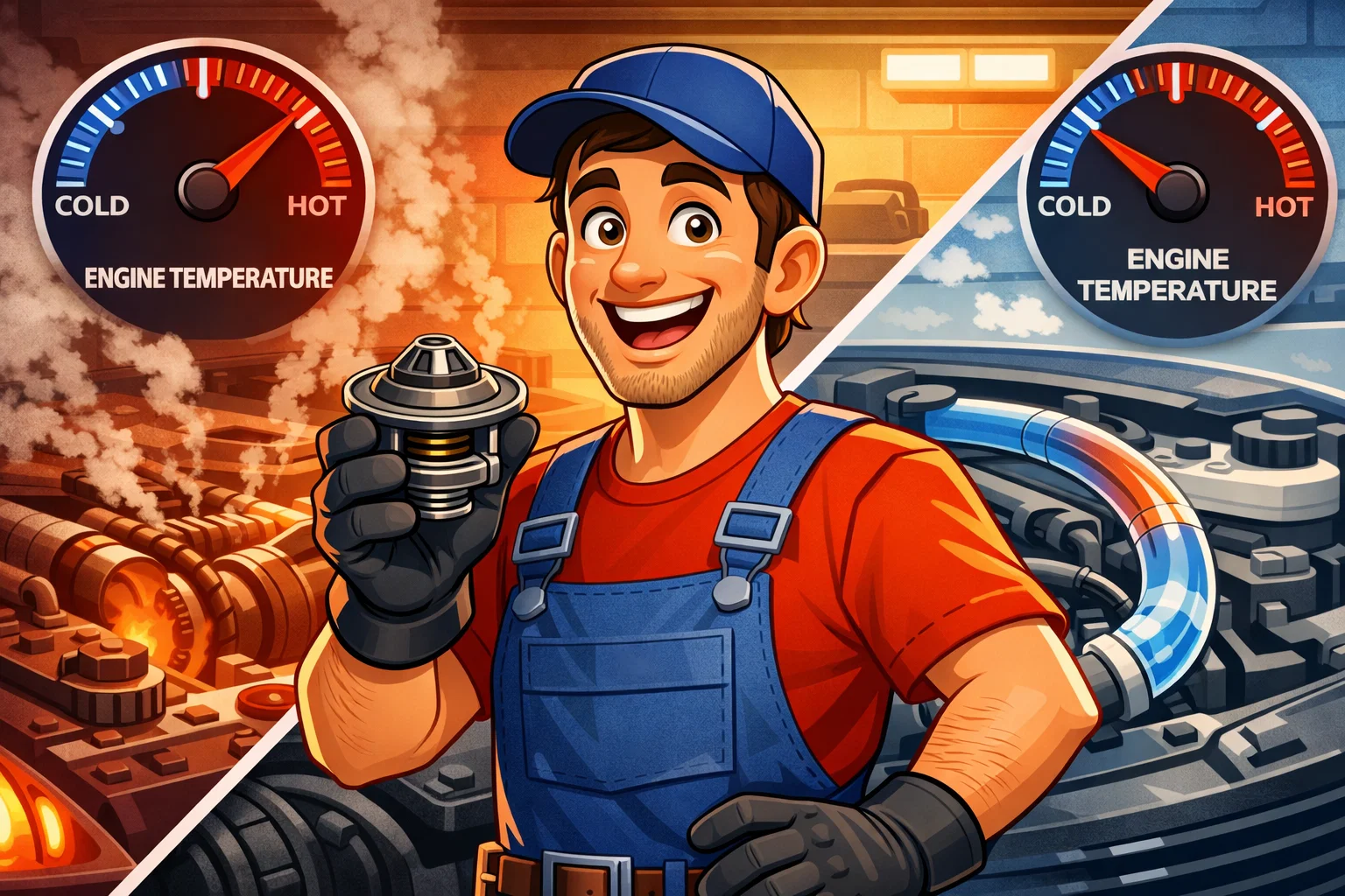 A split-view illustration showing the critical role of a thermostat in regulating engine temperature. The left side depicts an overheating engine with a red temperature gauge and steam, while the right side shows a properly cooled engine with a blue gauge. In the center, a smiling mechanic holds a new thermostat, highlighting it as an affordable and manageable DIY repair.