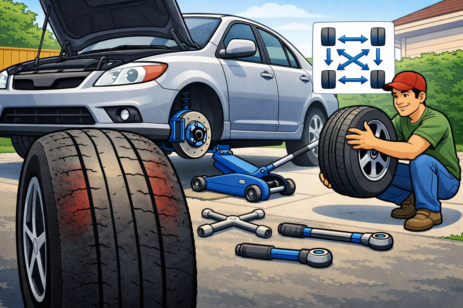 DIY tire rotation at home with car lifted on jack, uneven tire tread wear visible, showing correct front-to-rear rotation pattern.