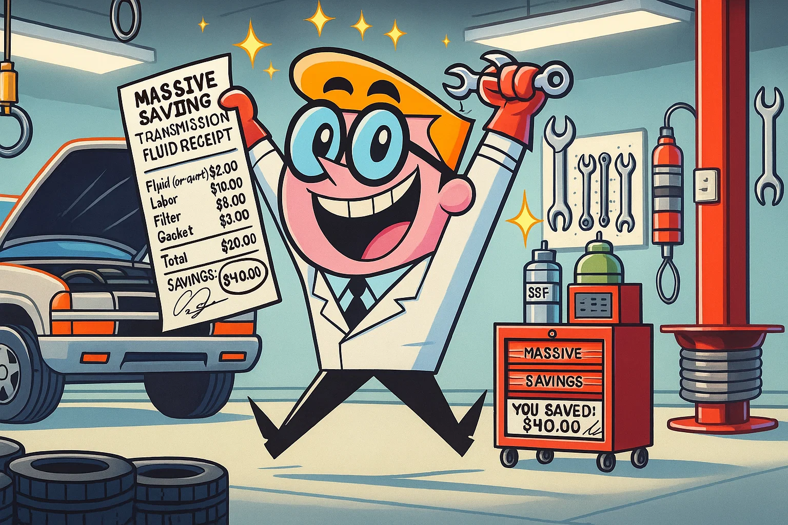 Cartoon illustration of a happy DIYer in a garage holding a transmission fluid receipt showing massive savings of $40, with a car on a lift, tools on the wall, and a red toolbox displaying the cost breakdown.
