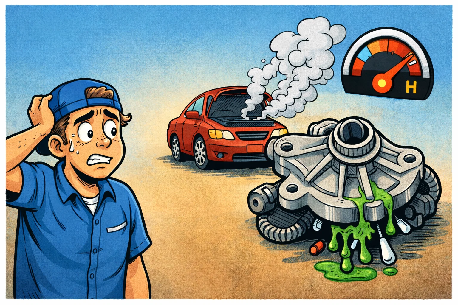Worried driver beside a steaming red car, with a temperature gauge in the red and a leaking water pump dripping coolant in the foreground, illustrating engine overheating from water pump failure.