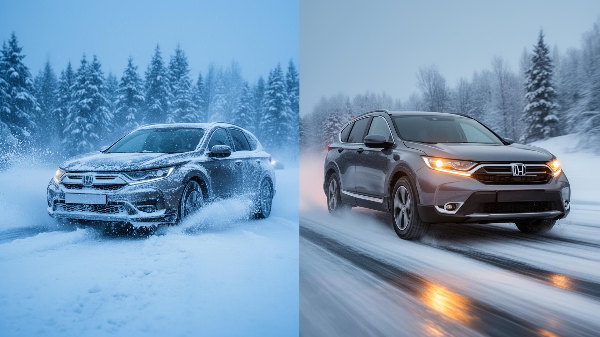 Split image showing an unprepared car struggling in deep snow on the left and a properly winterized vehicle driving confidently on a snowy road on the right