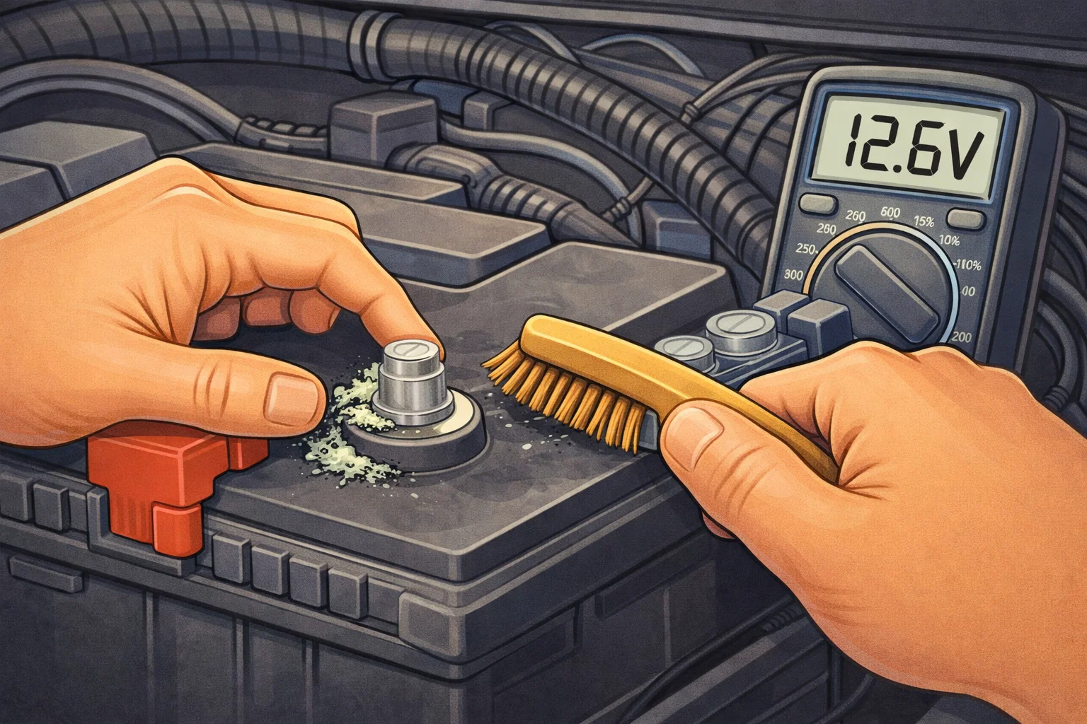 Cleaning corroded car battery terminal with a wire brush while checking 12.6V on a multimeter to maintain battery health