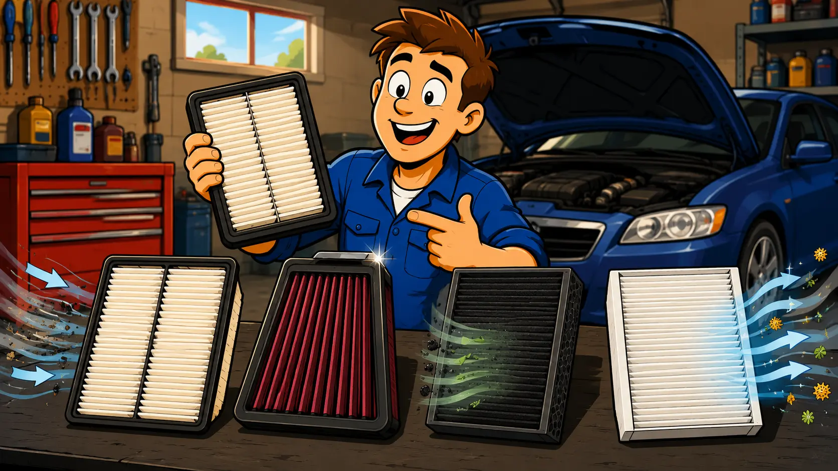 Cartoon DIY car owner in a blue work shirt smiling in his garage while holding up a clean white pleated engine air filter and pointing to a lineup of five filters on his workbench, including standard paper, high-flow oiled red cotton, activated carbon cabin, and HEPA cabin filters, with dirty air and debris swirling in from the left and clean filtered air with pollen flowing out to the right beside a blue sedan with its hood open.