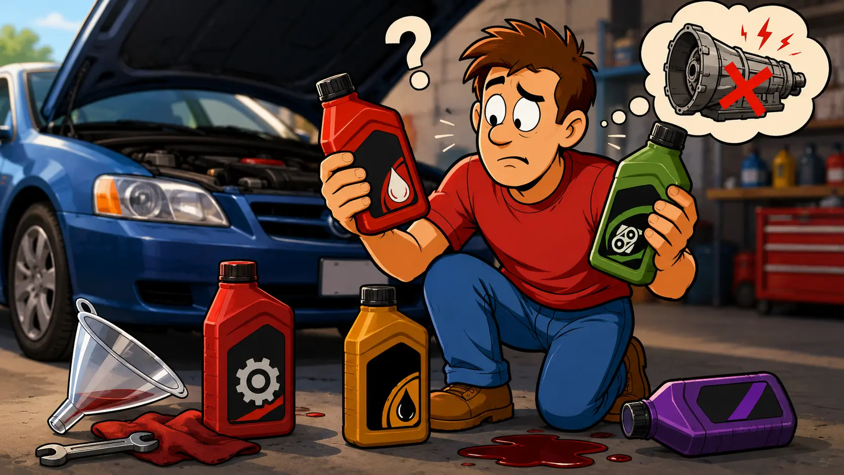 Cartoon DIY car owner kneeling beside a blue sedan with the hood up, looking confused while holding a red ATF bottle and a green CVT fluid bottle, with additional Dexron, ATF+4, and CVT fluid jugs and a funnel on the garage floor and a thought bubble showing a damaged transmission marked with a red X.