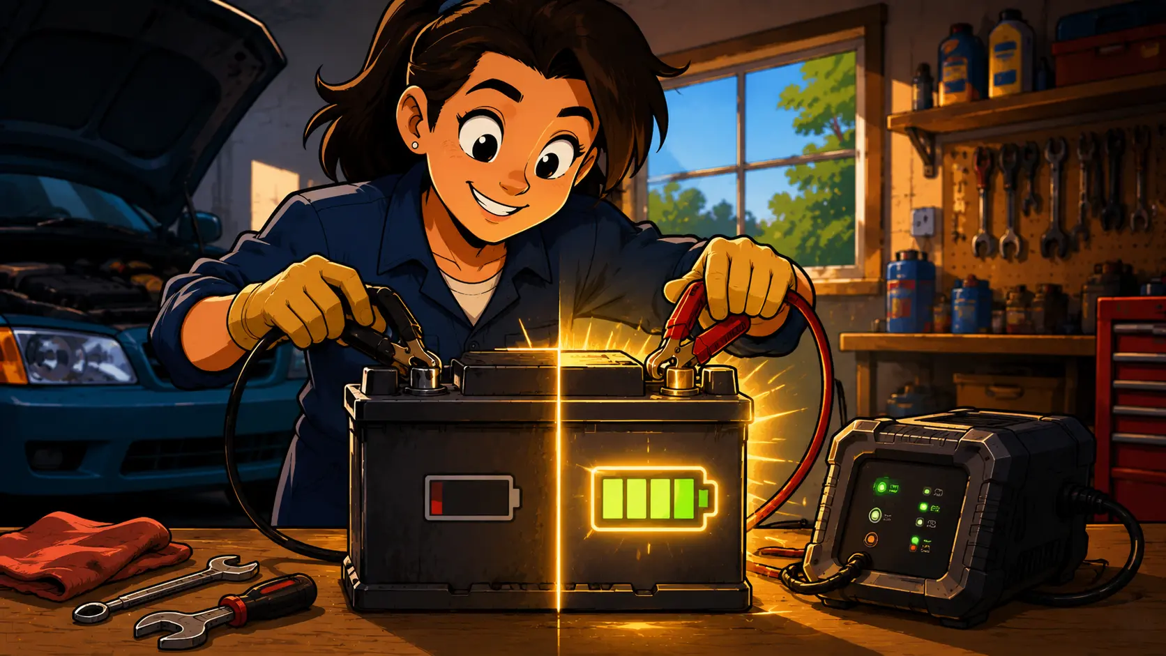Female DIY mechanic restoring a car battery with a charger, visually showing the battery going from dead to fully charged.