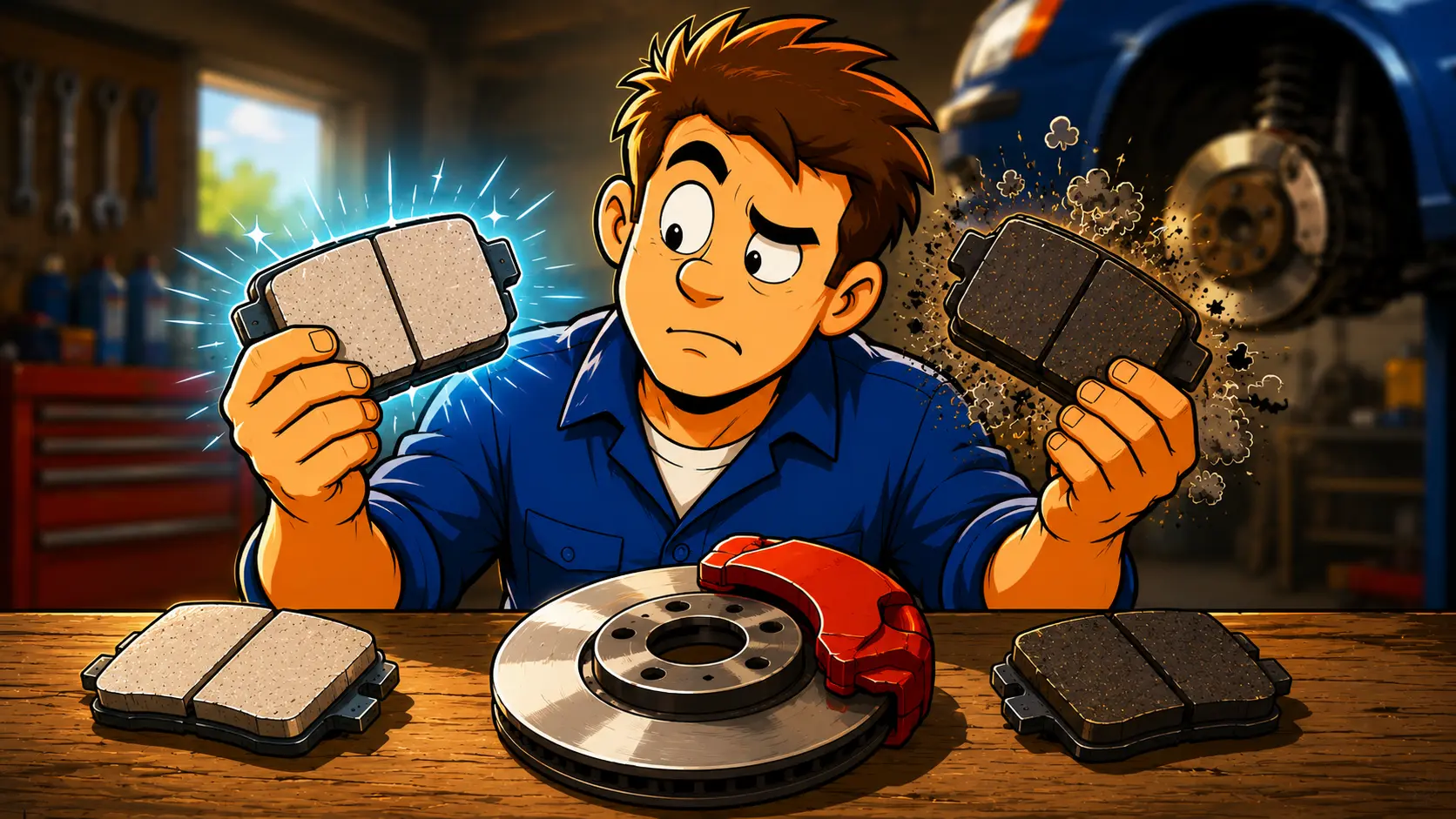 Mechanic comparing ceramic vs semi-metallic brake pads in a garage