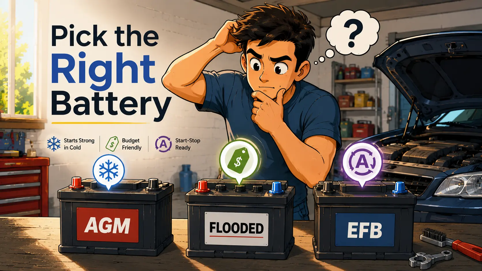 Thoughtful mechanic choosing between three car batteries on a workbench, with visual icons highlighting performance, price, and compatibility beneath the headline 'Pick the Right Battery.'