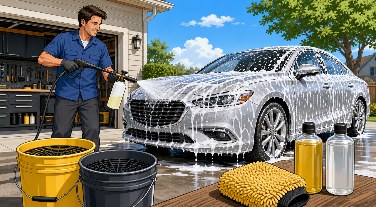 Cartoon-style illustration of a DIY car owner washing a silver sedan on a sunny driveway using a foam cannon and a two-bucket setup with grit guards, thick white suds covering the bodywork and bottles of pH neutral car shampoo on the ground.