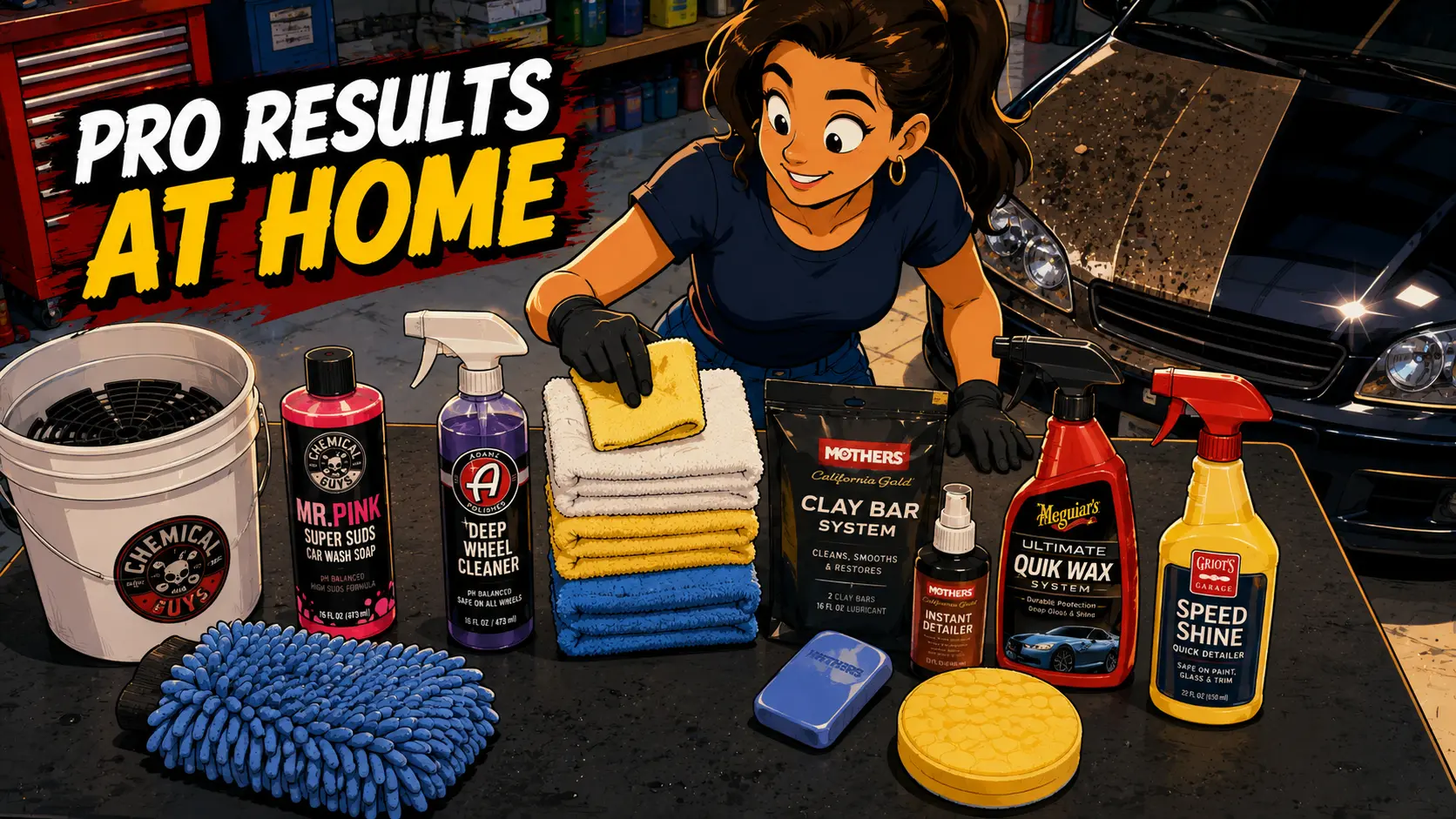 Cartoon-style illustration of a smiling female DIY detailer in a home garage wiping a car with a microfiber towel, surrounded by a complete under-$150 detailing kit including a Chemical Guys wash bucket with grit guard, Mr. Pink car wash soap, Adam's Deep Wheel Cleaner, stacked microfiber towels, Mothers California Gold Clay Bar System, Meguiar's Ultimate Quik Wax, and Griot's Garage Speed Shine, with bold 'Pro Results at Home' text overlay.