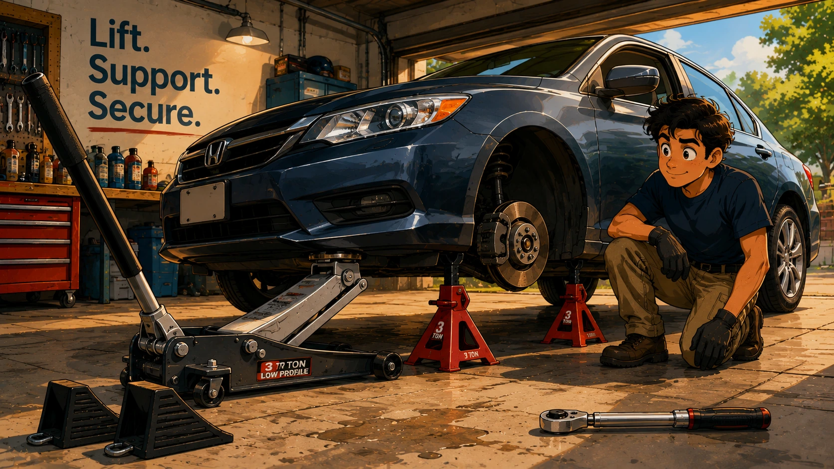 Cartoon-style illustration of a young mechanic in a navy shirt and work gloves kneeling beside a blue sedan lifted on a low-profile 3 ton hydraulic floor jack and two red 3 ton jack stands in a home garage, with 'Lift. Support. Secure.' painted on the wall, rubber wheel chocks, and a torque wrench on the concrete floor.