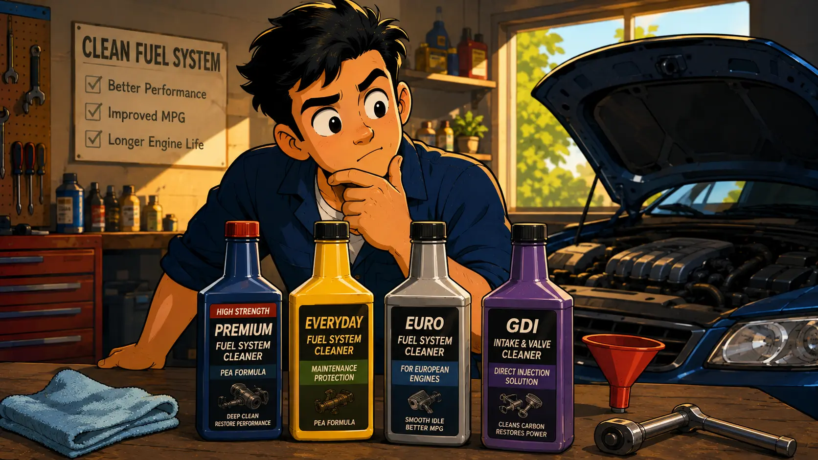 DIY mechanic choosing the right fuel injector cleaner from several options on a garage workbench.
