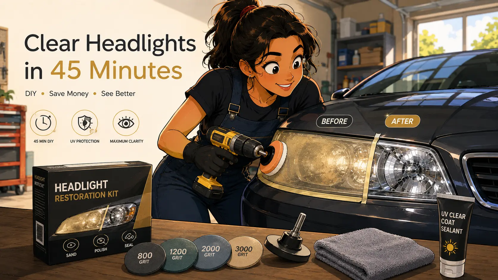 Woman using a drill to restore a car headlight, showing a clear before-and-after transformation in a garage setting.