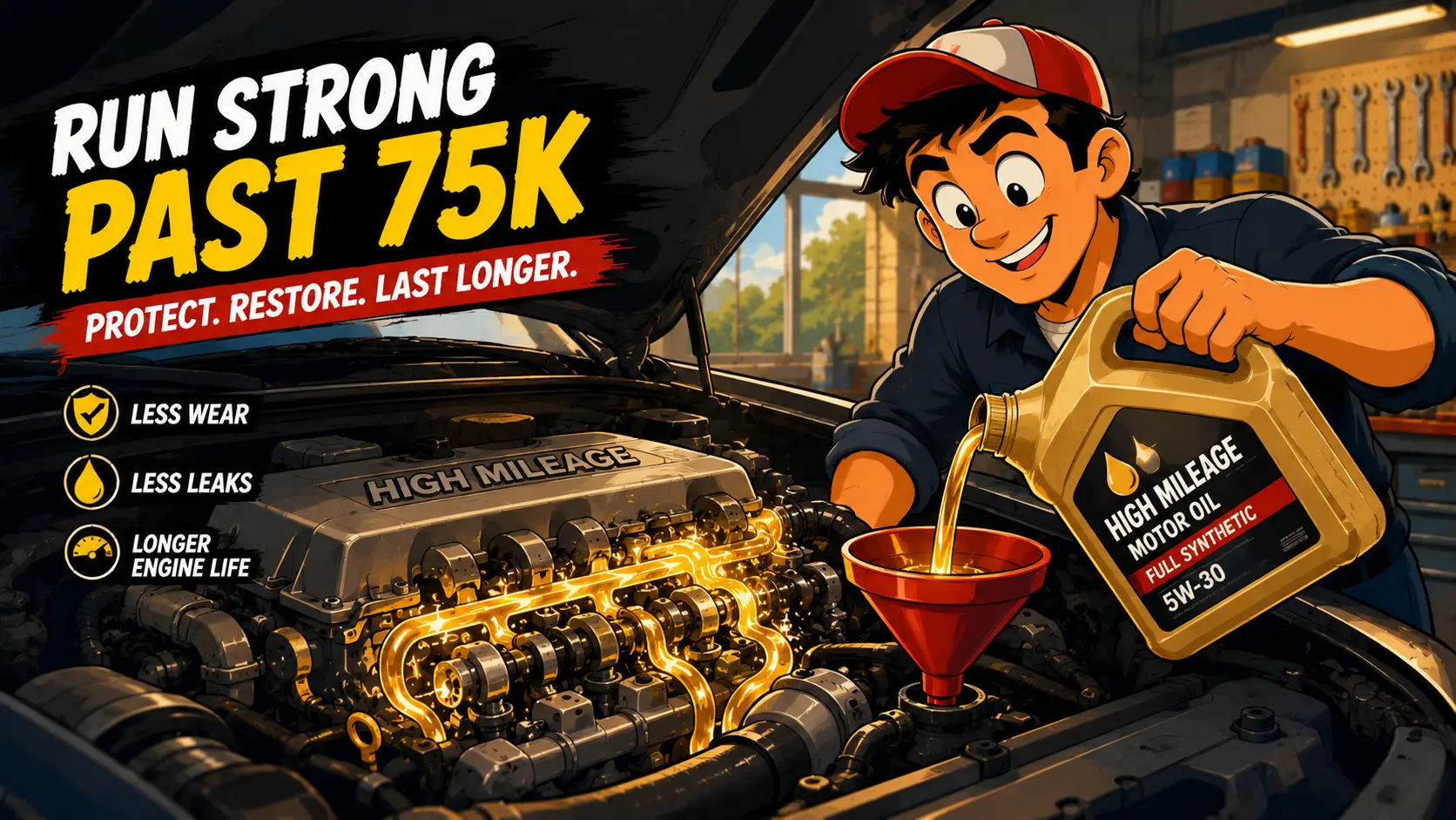 Cartoon-style illustration of a mechanic pouring high-mileage motor oil into a glowing car engine, with bold text 'Run Strong Past 75K' highlighting improved engine performance and longevity.