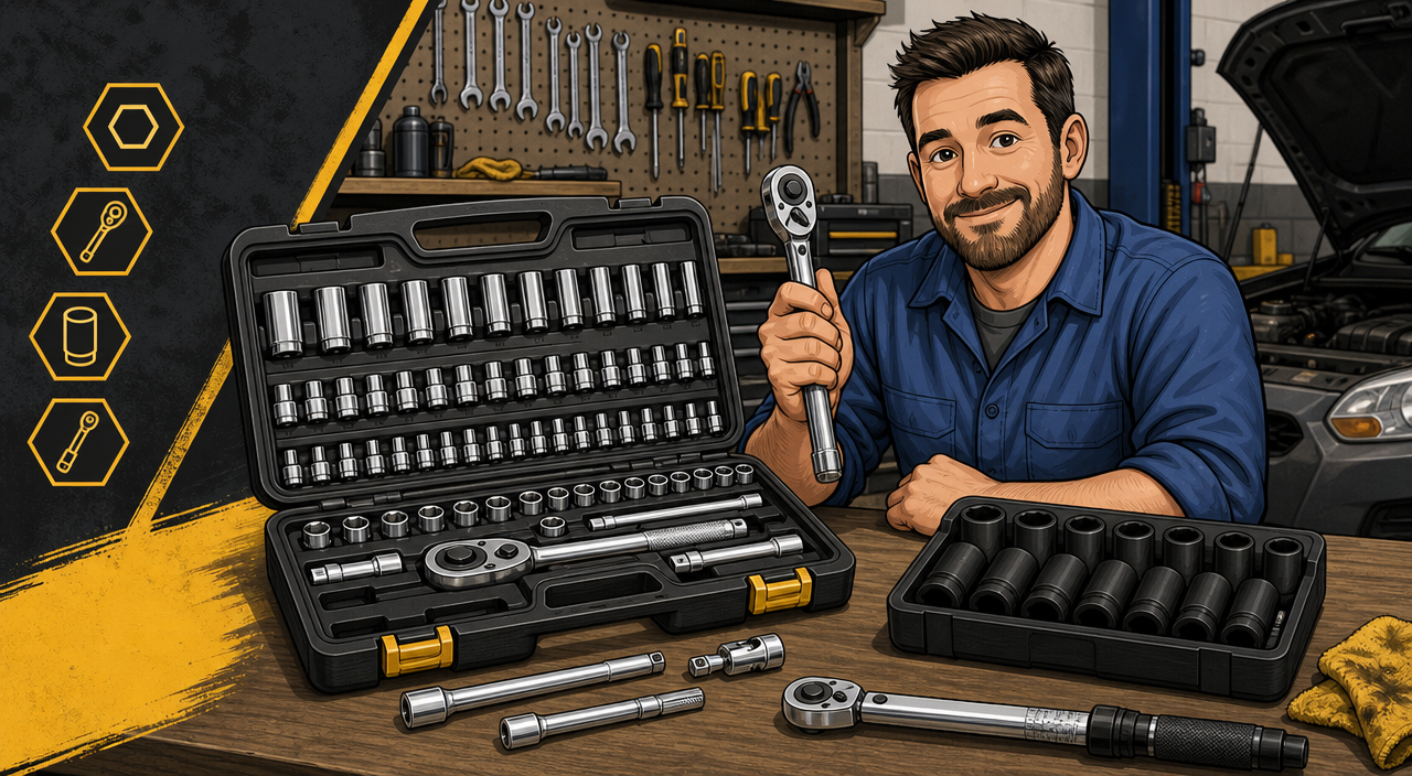 Cartoon-style illustration of a home mechanic in a garage holding a ratchet beside an open socket set case filled with neatly arranged chrome sockets in metric and SAE sizes, with extension bars and an impact socket set on the workbench.