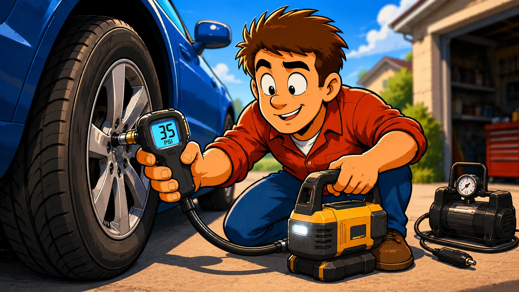 Cartoon mechanic checking tire pressure with a digital gauge next to a portable inflator in a driveway