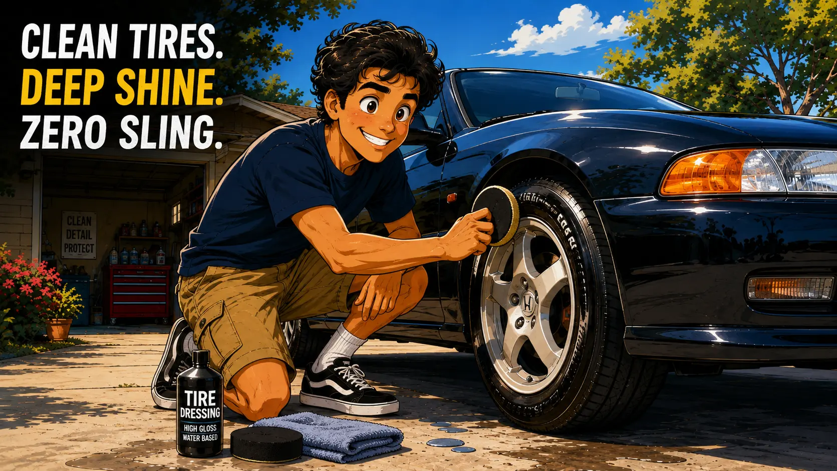 Cartoon-style illustration of a smiling DIY detailer kneeling beside a dark Honda-style coupe on a sunny driveway, applying water-based tire dressing to the sidewall with a foam applicator pad, with a black bottle labeled TIRE DRESSING HIGH GLOSS WATER BASED and a folded blue microfiber cloth in the foreground, and bold CLEAN TIRES DEEP SHINE ZERO SLING text above the scene