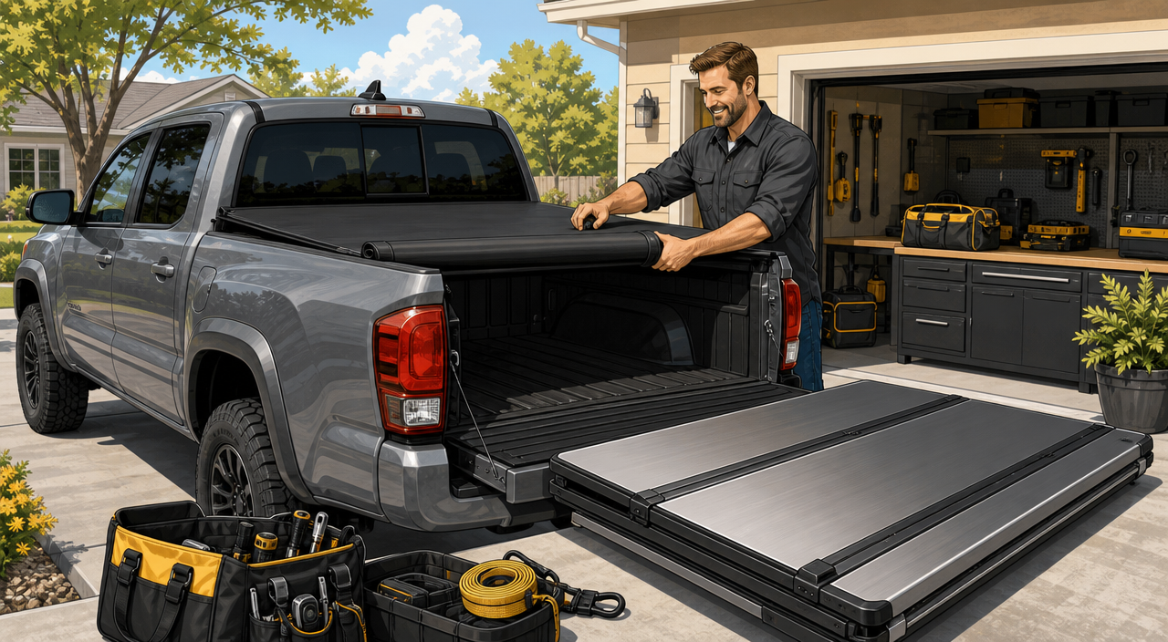 Cartoon-style illustration of a truck owner in a driveway rolling back a black soft tonneau cover on a grey pickup bed, with a hard folding aluminium cover and tool bags shown beside the truck under a clear sky.