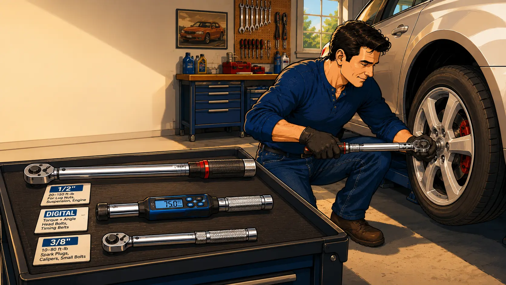 DIY car owner using a click-style torque wrench to properly tighten wheel lug nuts, with digital and 3/8-inch torque wrenches displayed nearby for comparison.