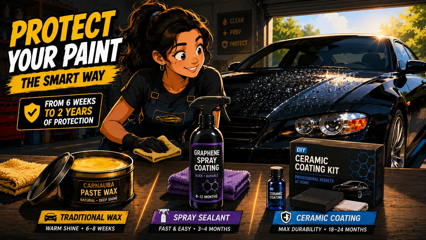 Cartoon-style illustration of a smiling female DIY detailer in a home garage wiping a glossy black car beading with water, alongside three paint protection options on a workbench: a tin of carnauba paste wax (warm shine, 6 to 8 weeks), a graphene spray coating (fast and easy, 3 to 4 months), and a DIY ceramic coating kit (max durability, 18 to 24 months), with a bold 'Protect Your Paint the Smart Way' headline and a 'Clean, Prep, Protect' checklist on the wall.