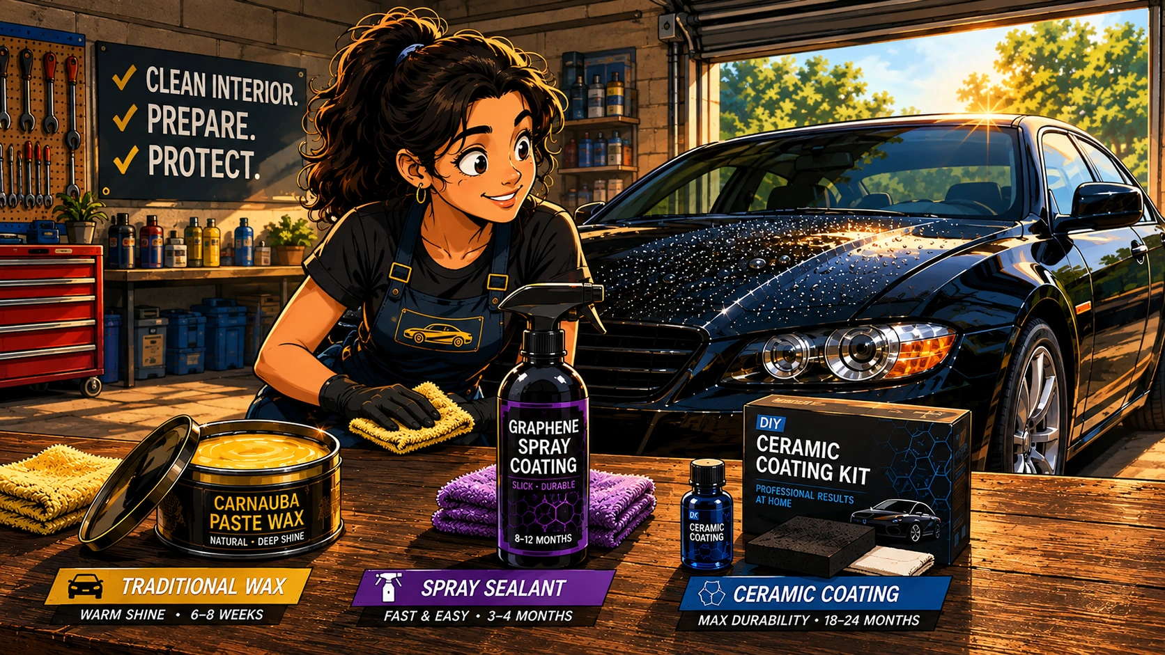 Cartoon-style illustration of a smiling female DIY detailer in a home garage wiping a glossy black car beading with water, with a tin of carnauba paste wax, a graphene spray coating bottle, and a DIY ceramic coating kit arranged on a wooden workbench, each labeled with durability, and a 'Clean Interior. Prepare. Protect.' checklist on the wall.