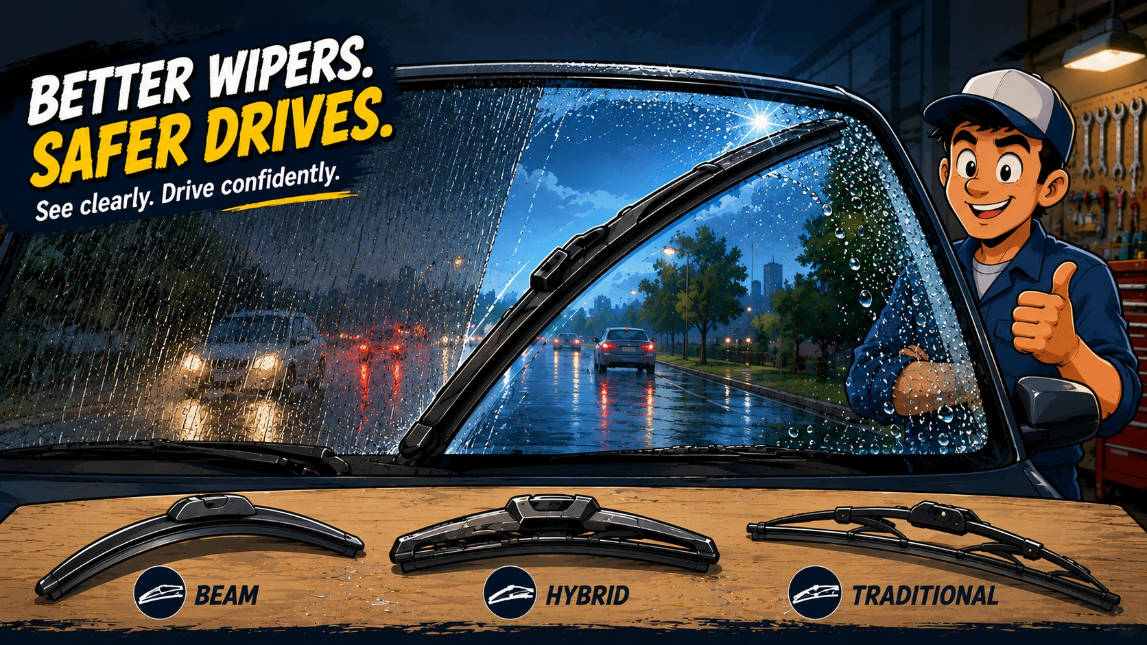Cartoon-style illustration titled Better Wipers, Safer Drives showing a rain-soaked car windshield being cleared by a modern beam wiper blade at night, with a smiling mechanic giving a thumbs up and three wiper types (beam, hybrid, traditional) displayed on a workbench for comparison.