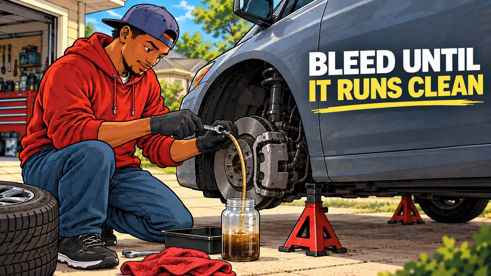 DIY mechanic bleeding a front brake caliper through a clear hose into a collection jar, with the wheel removed and the car supported on jack stands.
