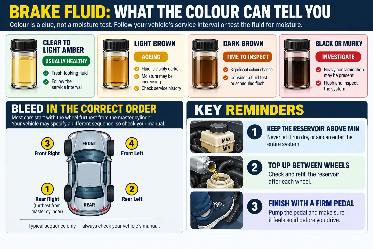 Brake fluid infographic showing four fluid colour conditions, typical brake bleeding order, and three key reminders for keeping the reservoir filled and confirming a firm brake pedal.