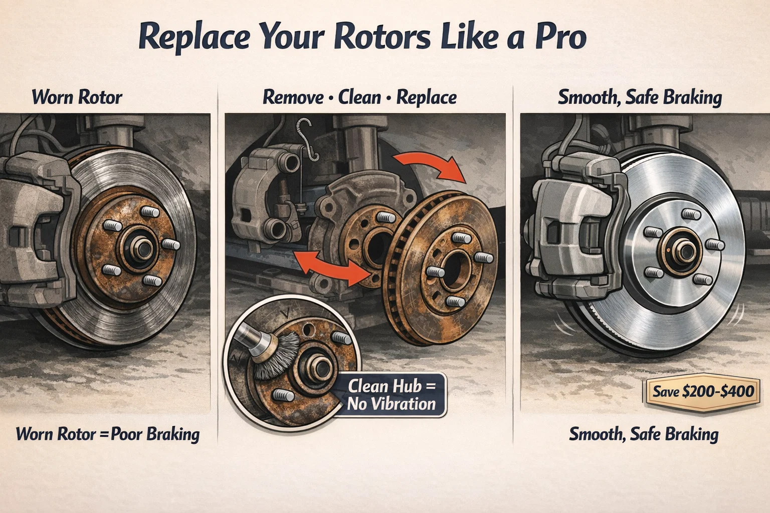 Illustrated three-panel guide to DIY brake rotor replacement showing a worn grooved rotor with poor braking on the left, the middle panel demonstrating removal and hub cleaning with a wire brush to prevent vibration, and a smooth new rotor installed with caliper on the right highlighting a Save 200 to 400 dollars badge for safe braking performance