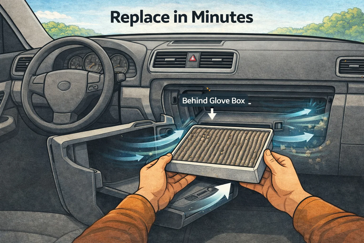 Cabin air filter replacement behind glove box in car interior, showing how to access and remove the filter for better air and AC performance