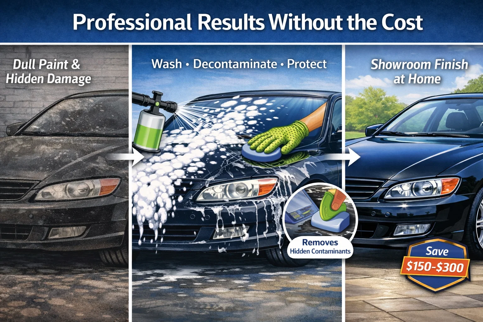 DIY car detailing guide showing wash, clay bar decontamination, and polishing for a professional finish at home