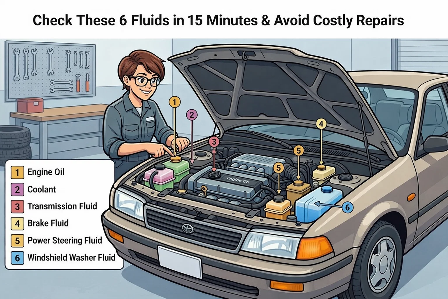Illustrated diagram showing a mechanic checking six essential car fluids under the hood with numbered labels for engine oil, coolant, transmission fluid, brake fluid, power steering fluid, and windshield washer fluid to help beginners identify each reservoir quickly