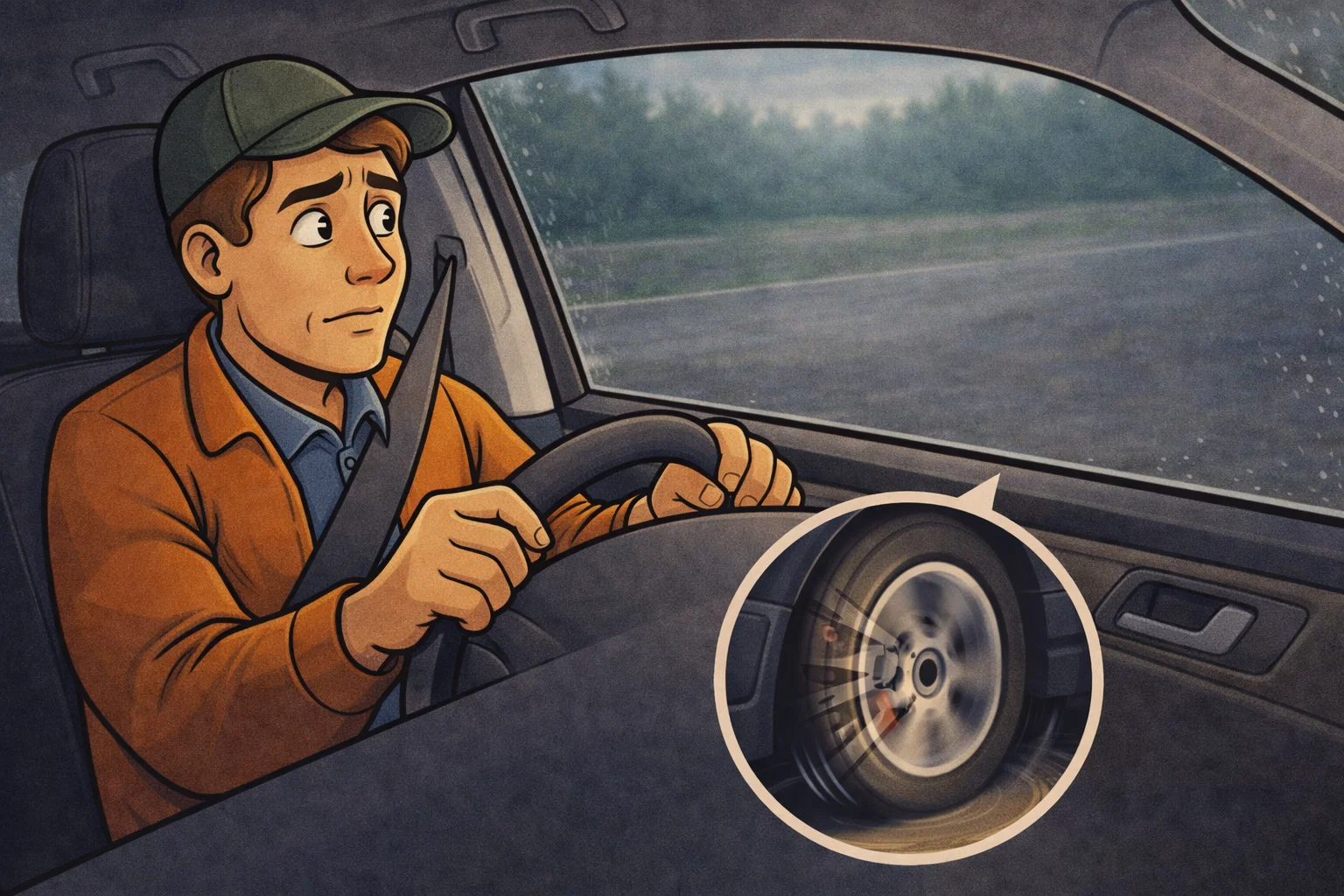 Car driver noticing a strange noise while driving, with subtle vibration shown at the front wheel indicating a possible wheel or brake issue