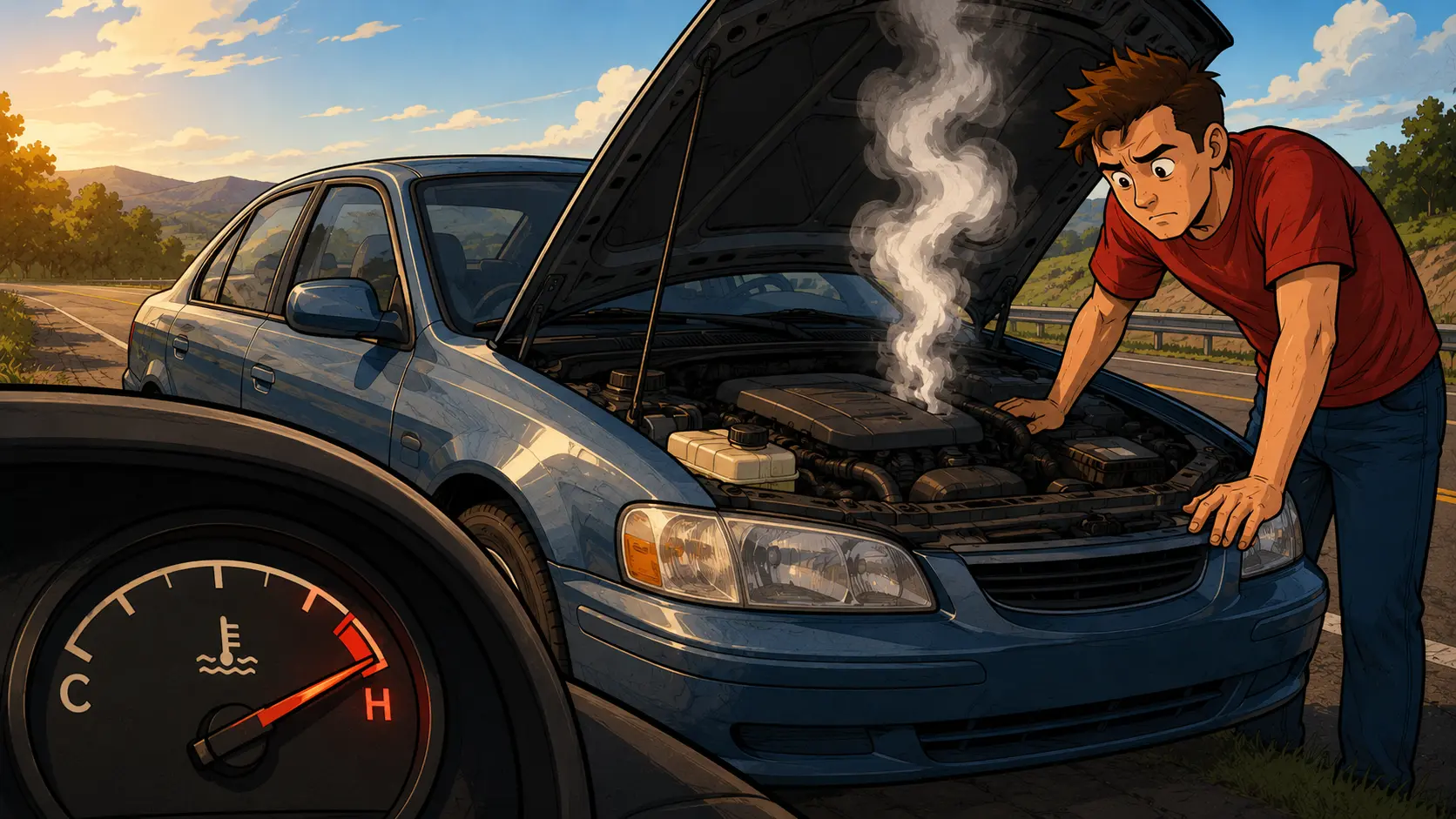 Illustrated scene of a worried young driver in a red shirt leaning over the open hood of a blue sedan pulled onto a rural roadside at sunset, white steam billowing from the engine bay, with a close-up of the dashboard temperature gauge needle pinned all the way to the red H zone in the foreground