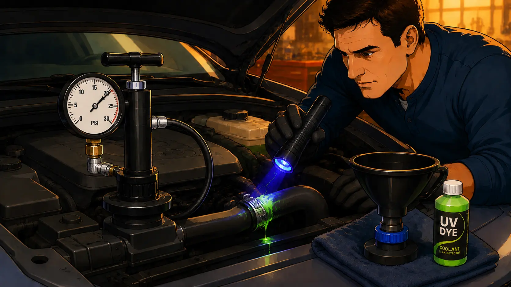 A focused DIY mechanic in a dim garage shines a UV blacklight onto a coolant hose, revealing a glowing green dye leak at the clamp, while a cooling system pressure tester gauge reads 20 PSI on the left and a spill-free funnel plus UV dye bottle sit staged on a microfiber towel to the right.
