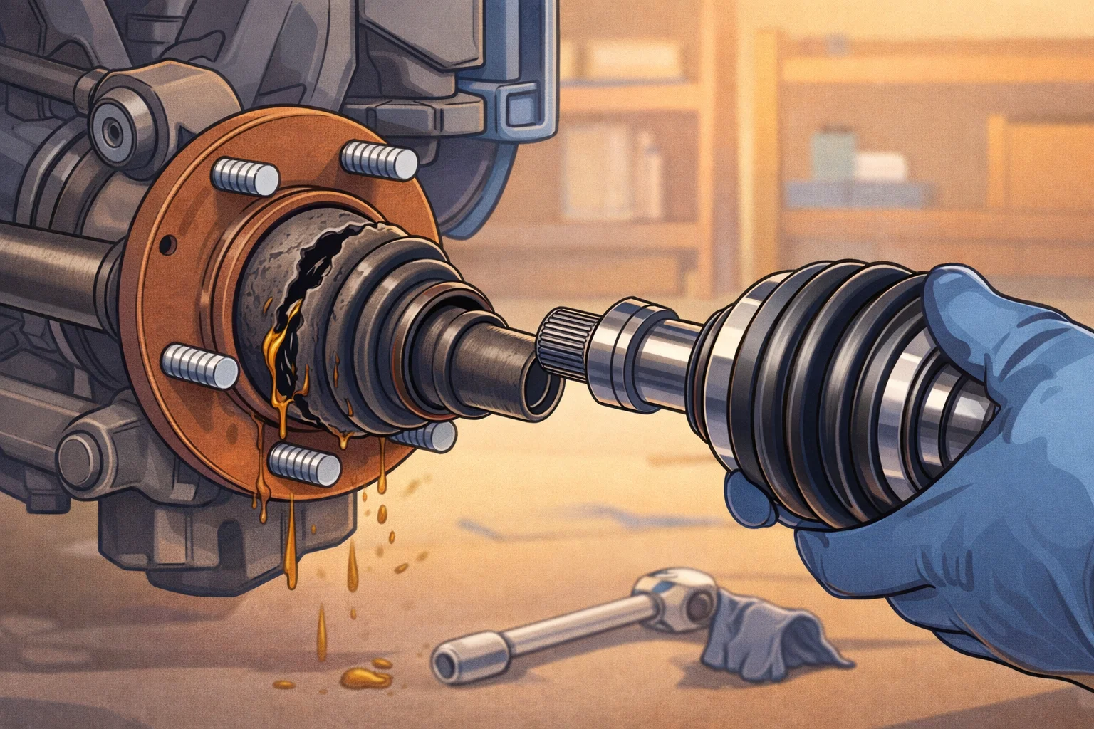 Illustrated close-up of a mechanic in blue gloves installing a new CV axle with a fresh rubber boot and exposed splined shaft into a vehicle hub assembly in a workshop setting