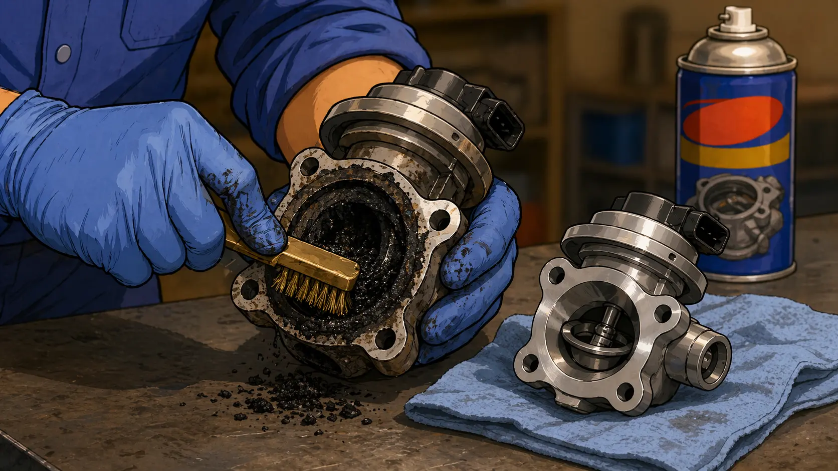 Close-up of a carbon-clogged EGR valve being cleaned on a garage workbench, with thick black soot deposits scrubbed off using a brass brush and aerosol carb cleaner spray, illustrating a DIY EGR valve cleaning to clear P0401 and P0402 codes.
