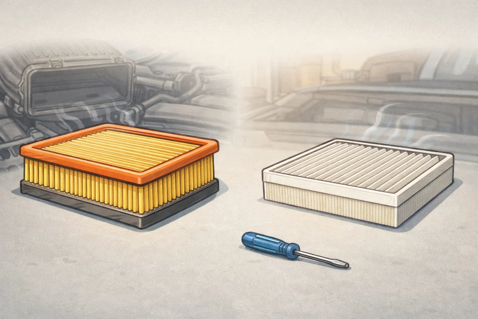 Two automotive air filters displayed side by side on a wooden workbench, with the larger rectangular engine air filter on the left showing deep white pleats inside a black plastic frame, and the smaller cabin air filter on the right with finer accordion-style pleats, helping a DIY car owner visually distinguish which filter belongs under the hood versus behind the glove box.
